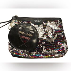 Victoria's Secret Sparkling Sequin Clutch cosmetic bag w/sequined heart key ring